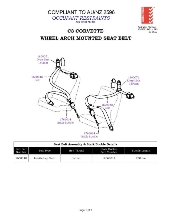 C3 CORVETTE RETRACTABLE TOP MOUNT FRONT SEATBELT KIT - Image 3